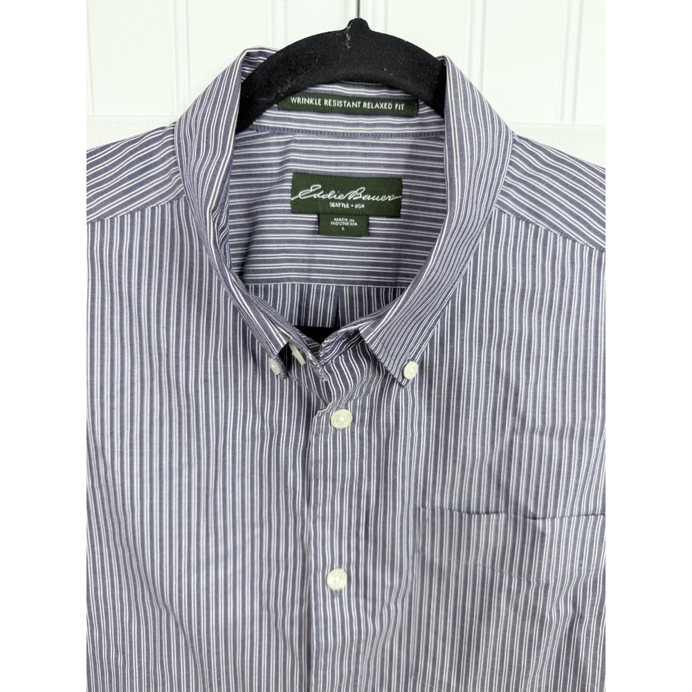 Eddie Bauer Mens Large Purple Stripe Button Down Shirt Wrinkle Resistant Relaxed